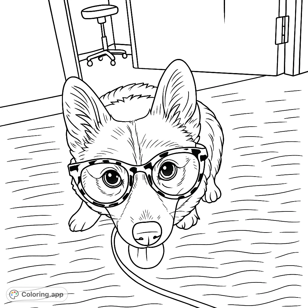 A delightful corgi wearing eyeglasses, ready for a fun coloring adventure! Perfect for dog lovers and anyone seeking a cute, engaging coloring page.