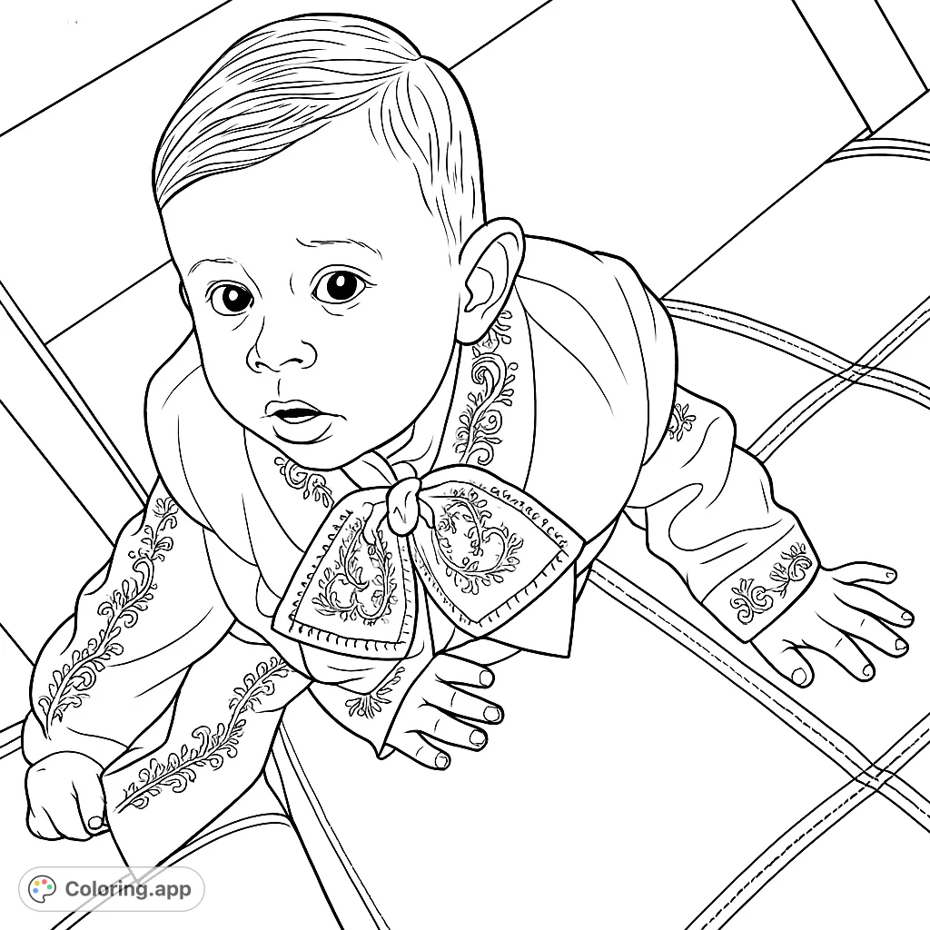 An adorable baby in a formal suit with intricate embroidery, perfect for a charming baby coloring page. A delightful free printable.