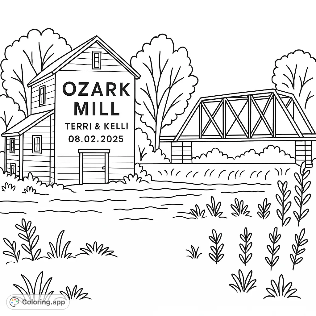 Explore a charming Ozark mill and bridge scene. A detailed building, a sturdy truss bridge, and natural foliage await your creative touch.