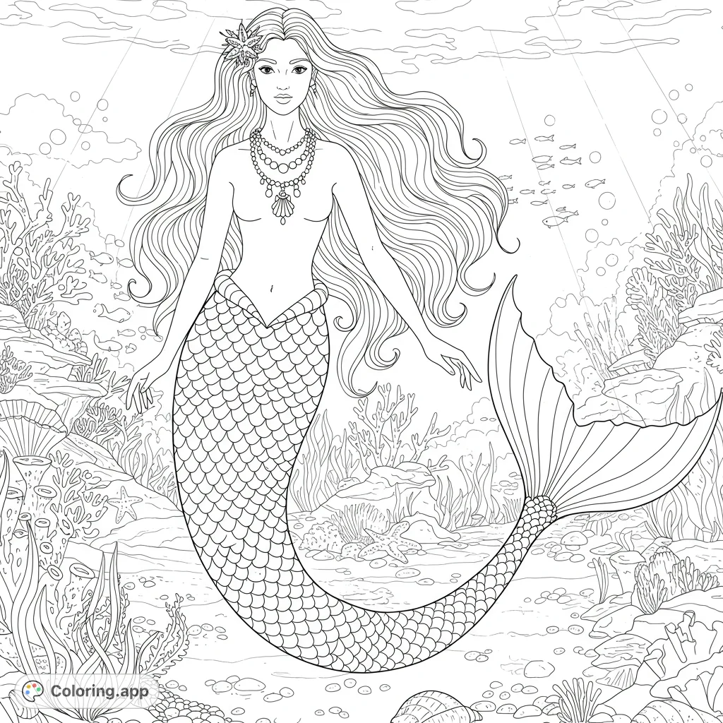 Dive into a magical underwater world with a graceful mermaid, her flowing hair, and a stunning necklace. Explore intricate coral and schools of fish.