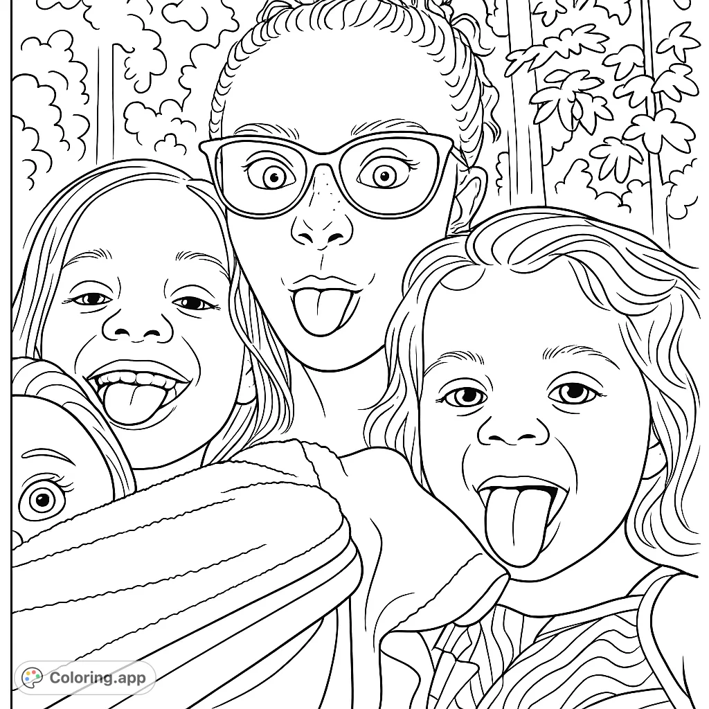 A fun family portrait featuring an adult and two children making silly faces, perfect for a playful coloring adventure. Includes a doll and outdoor setting.