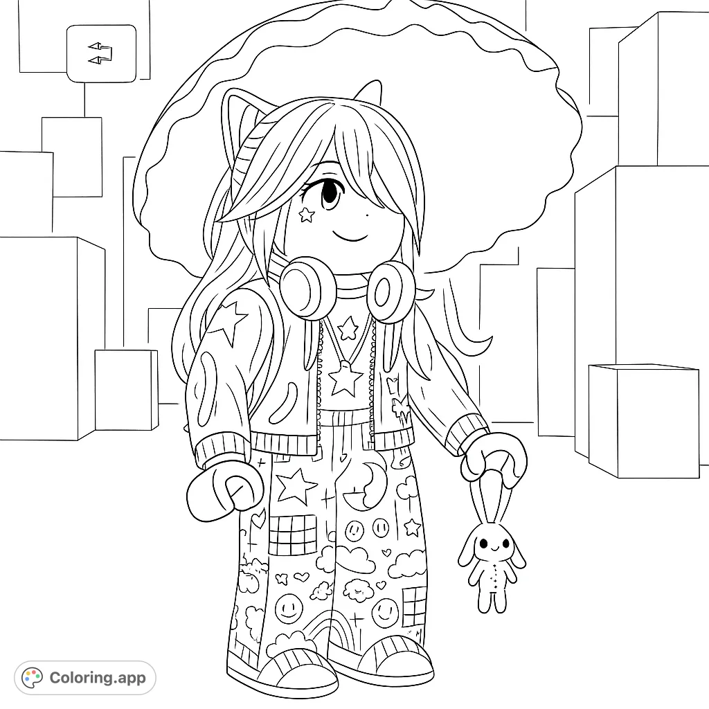 A charming character with a frilly umbrella and patterned outfit, perfect for imaginative coloring fun.