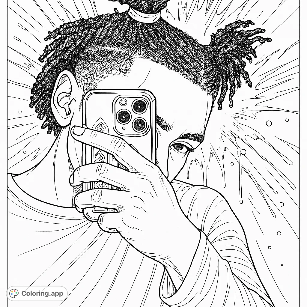 Dynamic selfie scene with a person holding a phone, set against an energetic, abstract background. Perfect for creative expression.