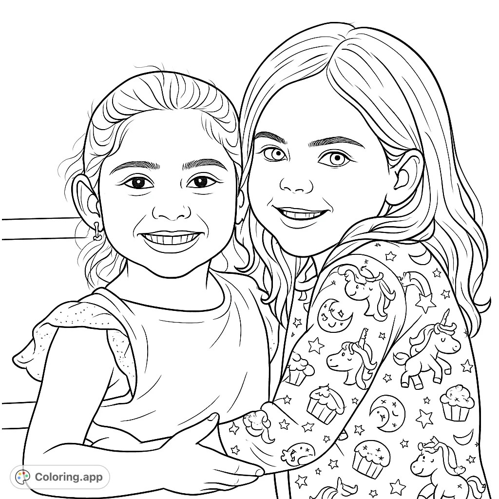 Capture the joy of friendship with this heartwarming coloring page featuring two smiling girls in a warm embrace. Perfect for young artists.