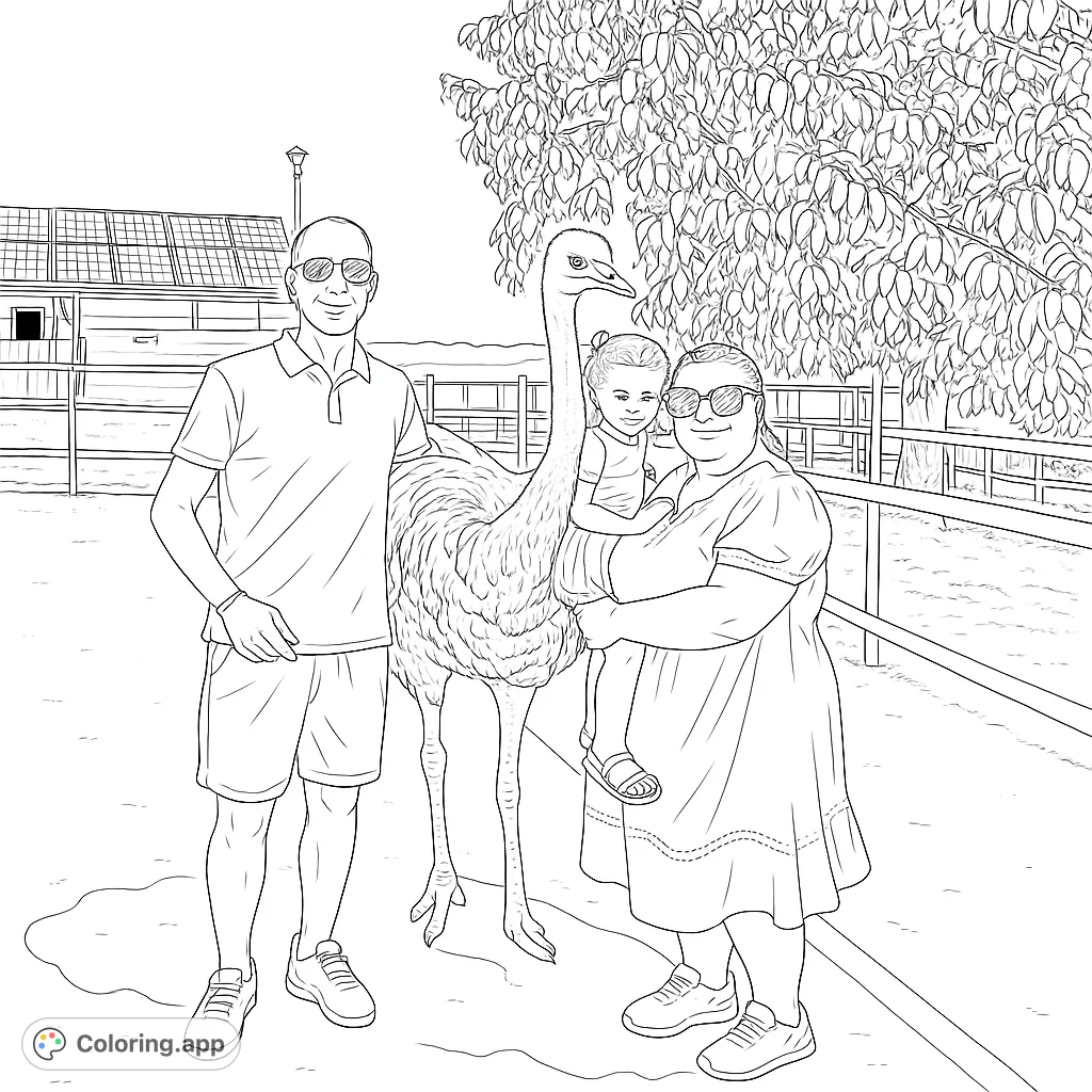 A family poses with a friendly ostrich at a farm, perfect for a unique animal adventure coloring page.