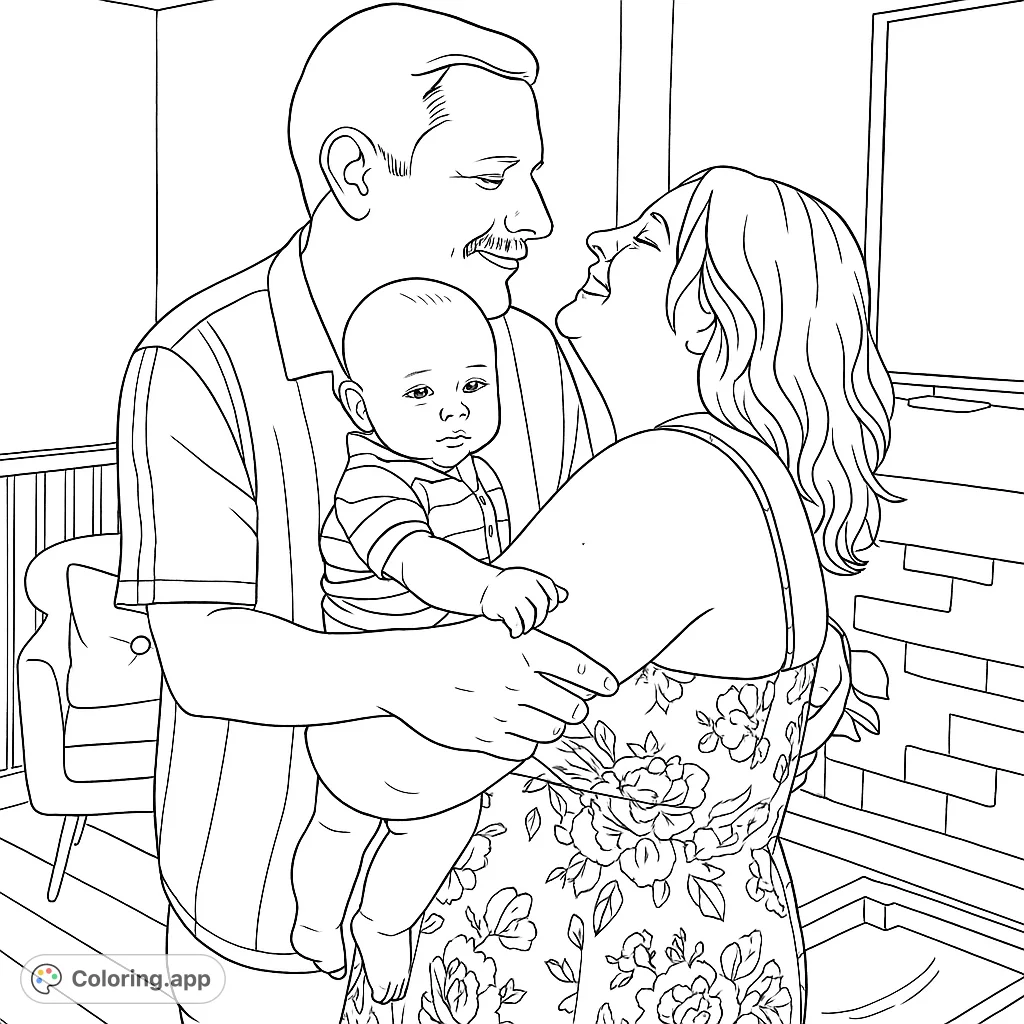 Capture the warmth of family with this loving portrait of parents embracing their baby. Features detailed clothing and a cozy home setting for a heartfelt coloring experience.
