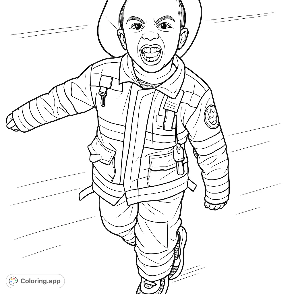 A brave little firefighter in a detailed uniform, ready for adventure! Perfect for inspiring young heroes and creative coloring fun.