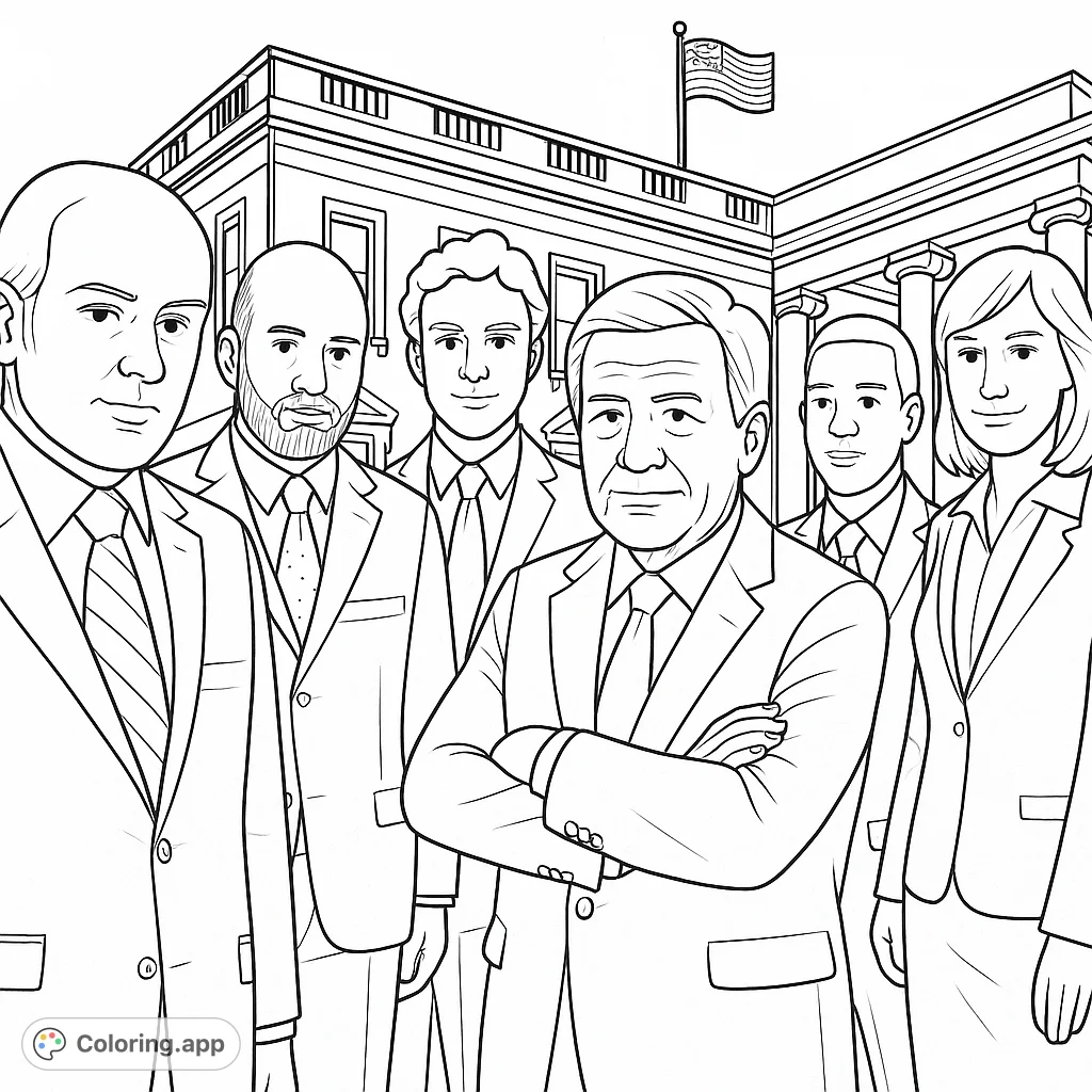 An intricate political figures coloring page featuring a diverse group of individuals in formal attire standing before a grand, columned building with a flag.