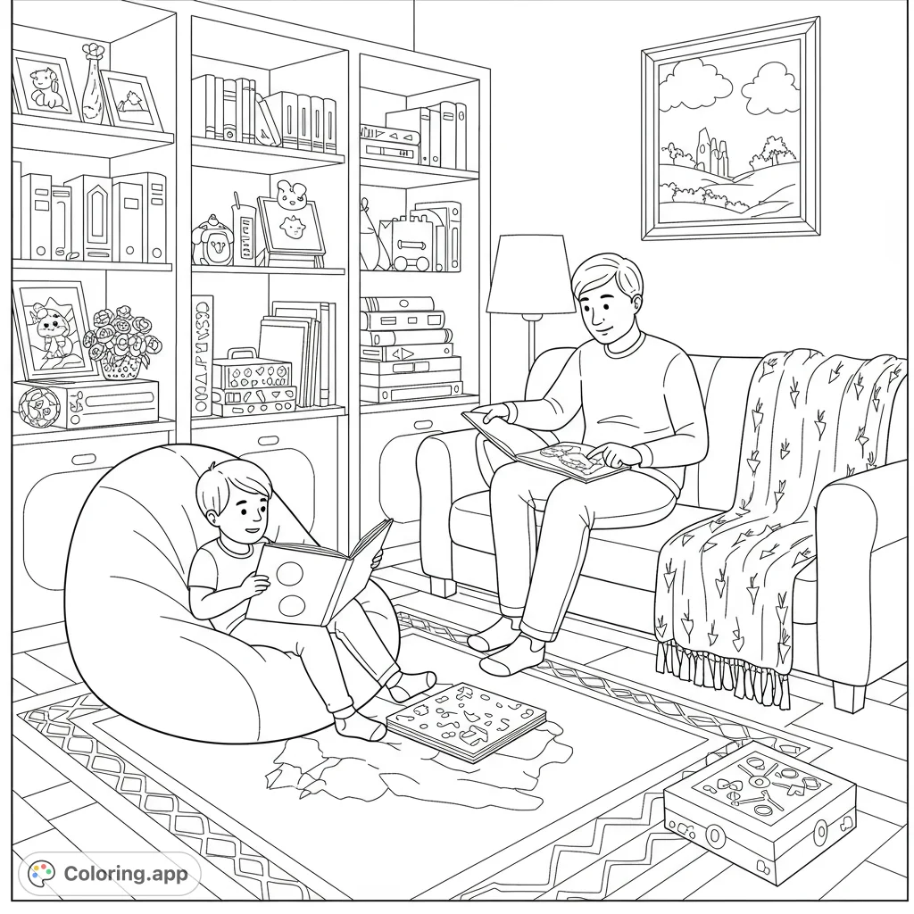 Discover a heartwarming scene of a child and parent reading in a cozy living room. This free printable coloring page captures a moment of quiet connection.