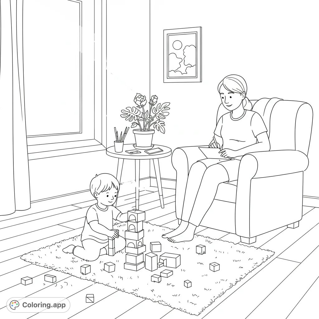 A heartwarming scene of a child stacking blocks on a soft rug, observed by an adult in a sunlit room, perfect for a peaceful coloring experience.