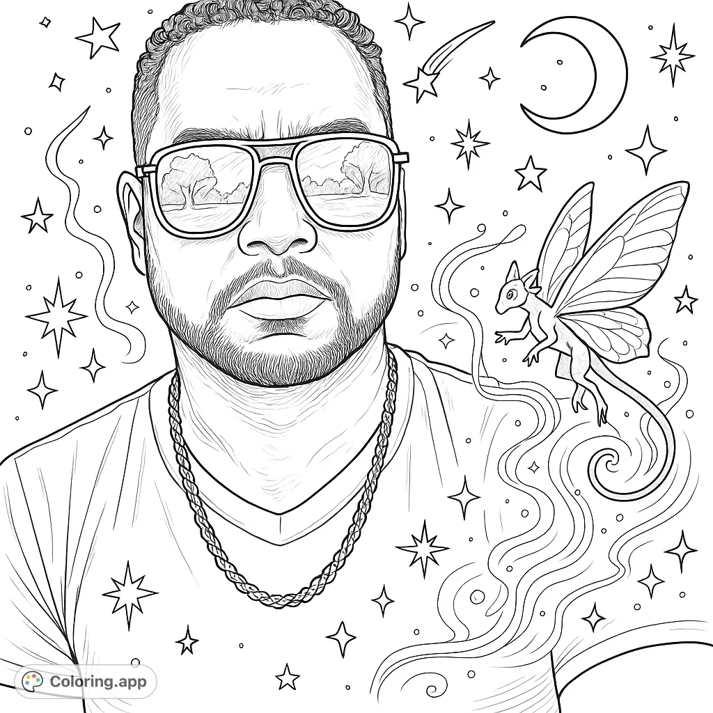 A captivating celestial portrait featuring a man with glasses, adorned with stars and mystical elements. A detailed fantasy coloring page for adults.