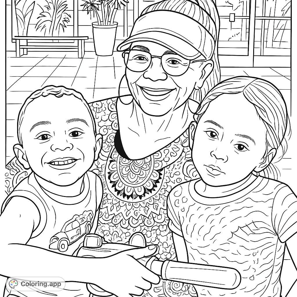 Capture a heartwarming family moment with an adult and two children. This free printable coloring page features detailed patterns and expressions for all ages.