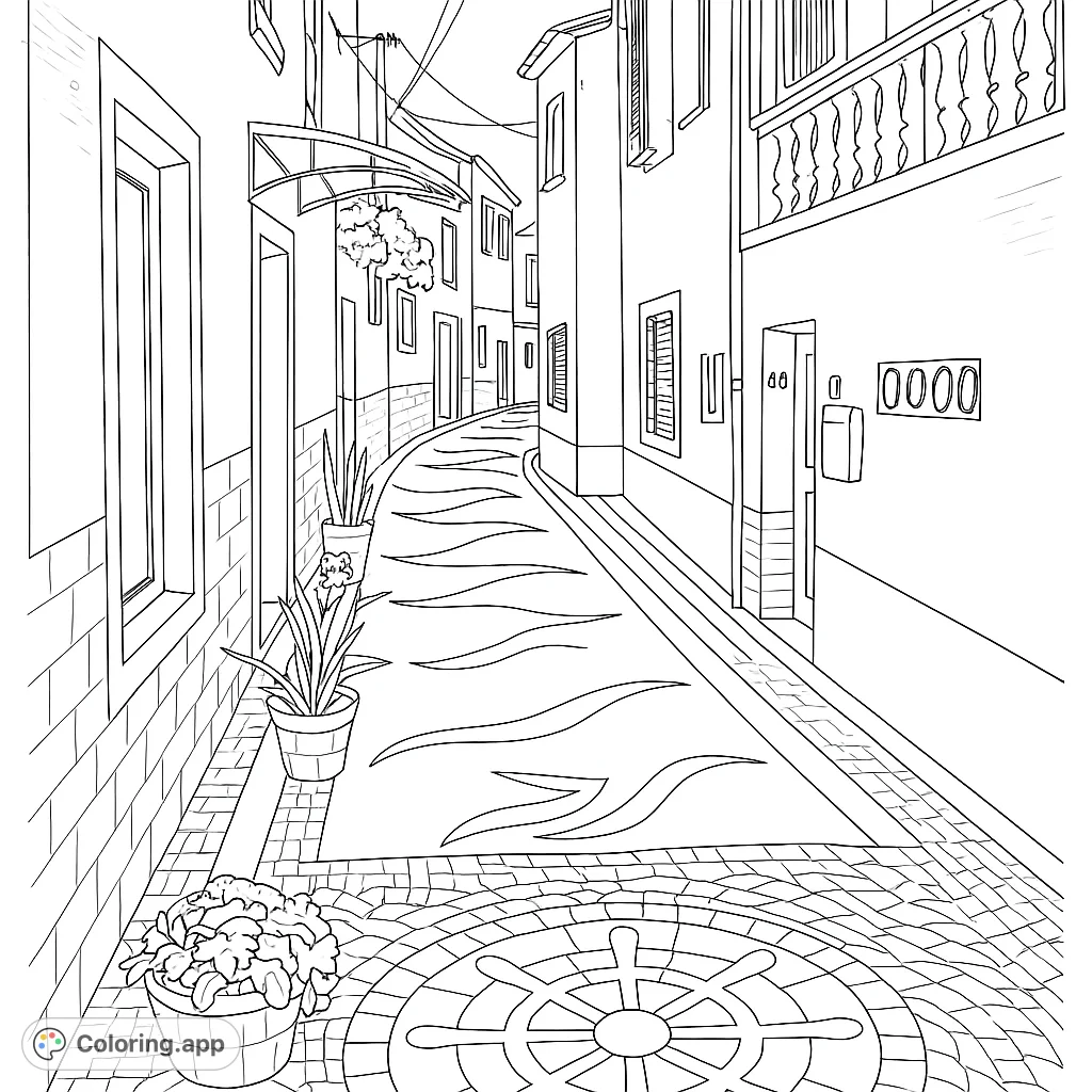 Explore a charming cobblestone street with intricate mosaic patterns and historic architecture. A detailed scene perfect for mindful coloring.