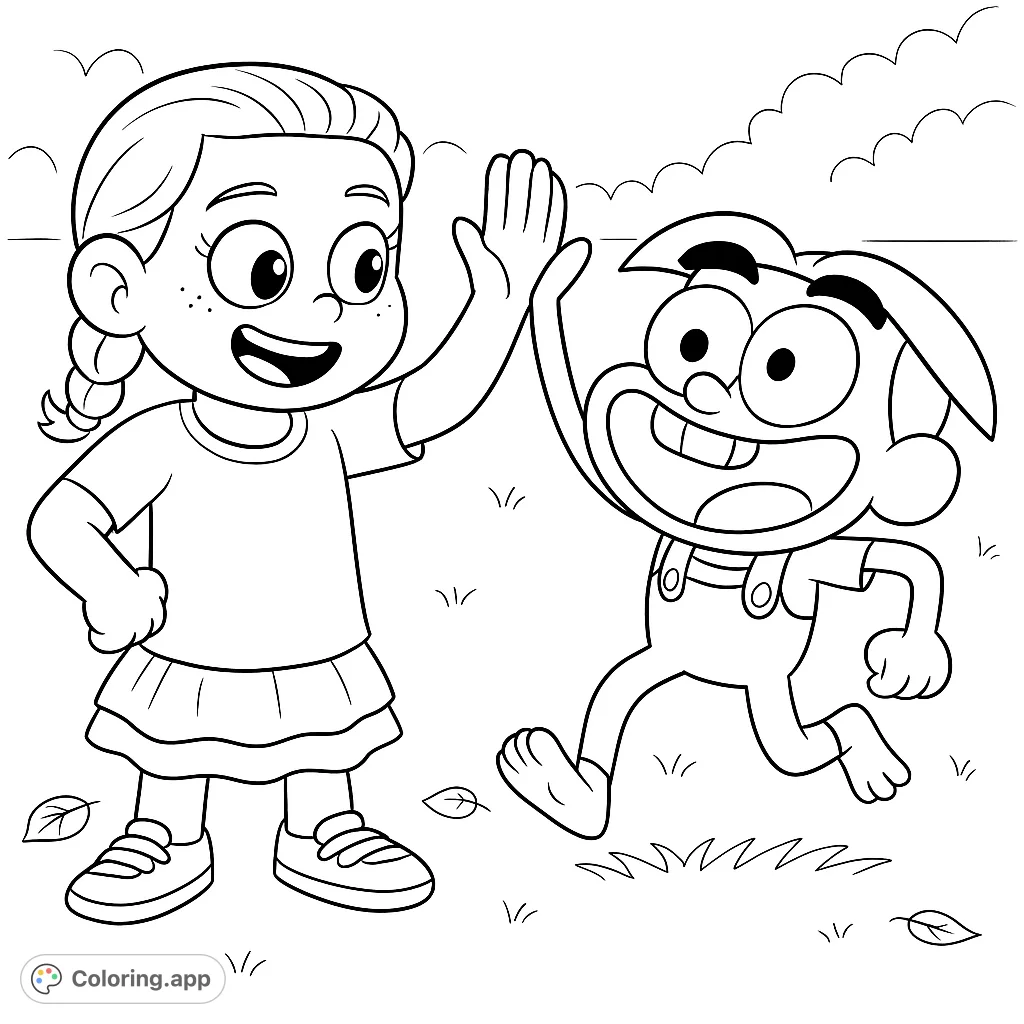 Join a cheerful girl and her energetic friend for a high-five in a lively park scene. A fun, free printable coloring page for kids and fans of animated adventures.