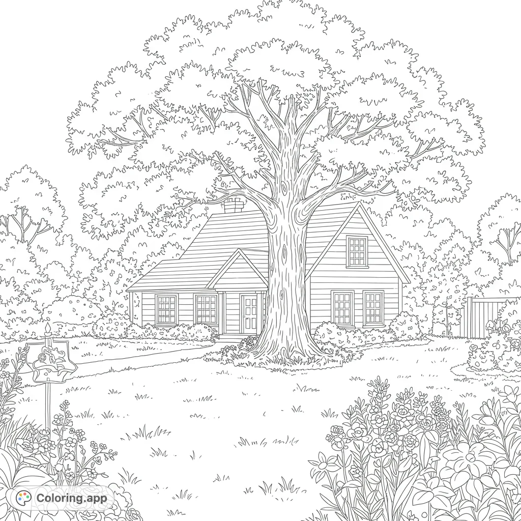 A delightful house nestled in a big, sunny garden with a grand oak tree, perfect for a relaxing coloring experience.