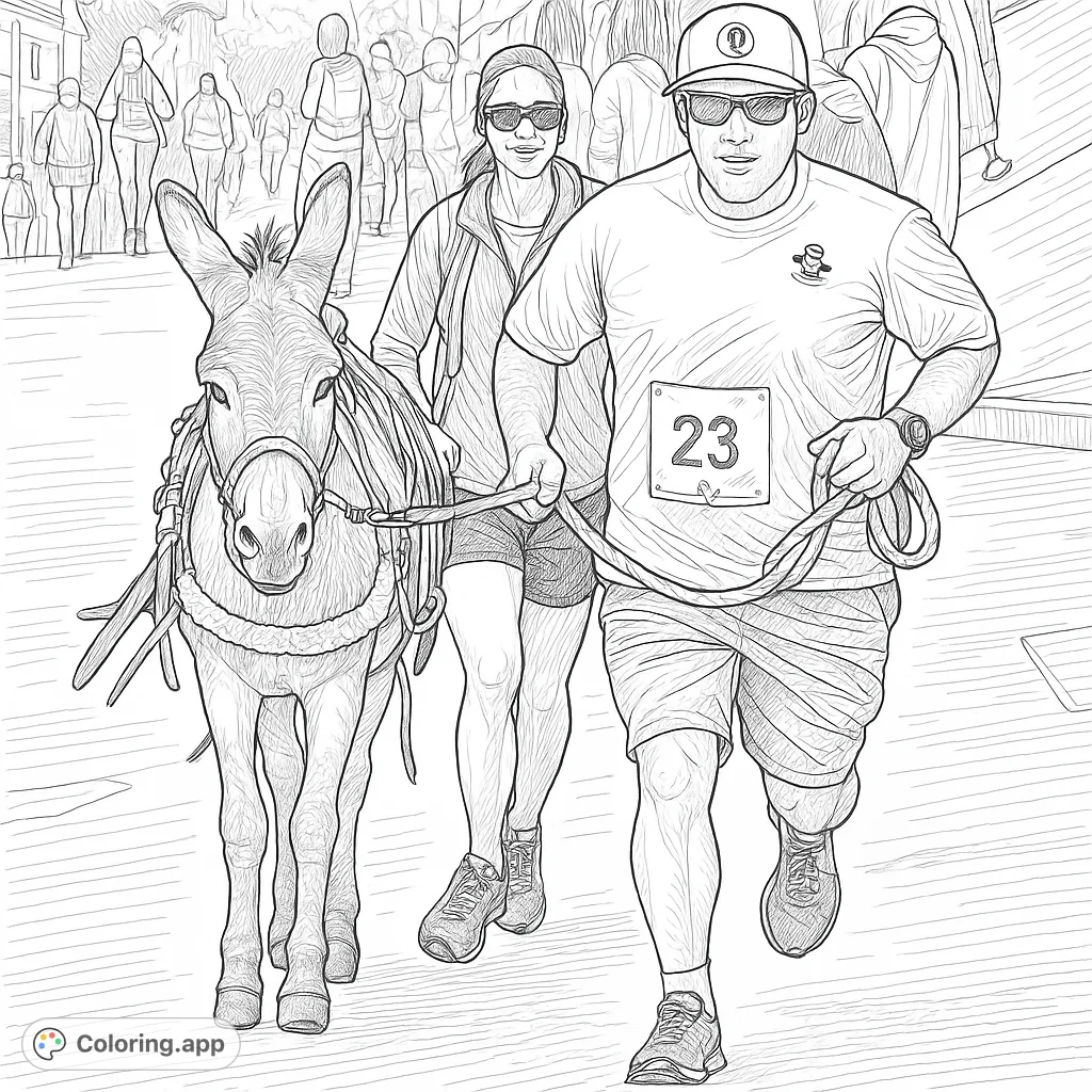 Experience the unique thrill of a burro race! This detailed coloring page features a donkey and two runners in motion, perfect for animal and sport enthusiasts.
