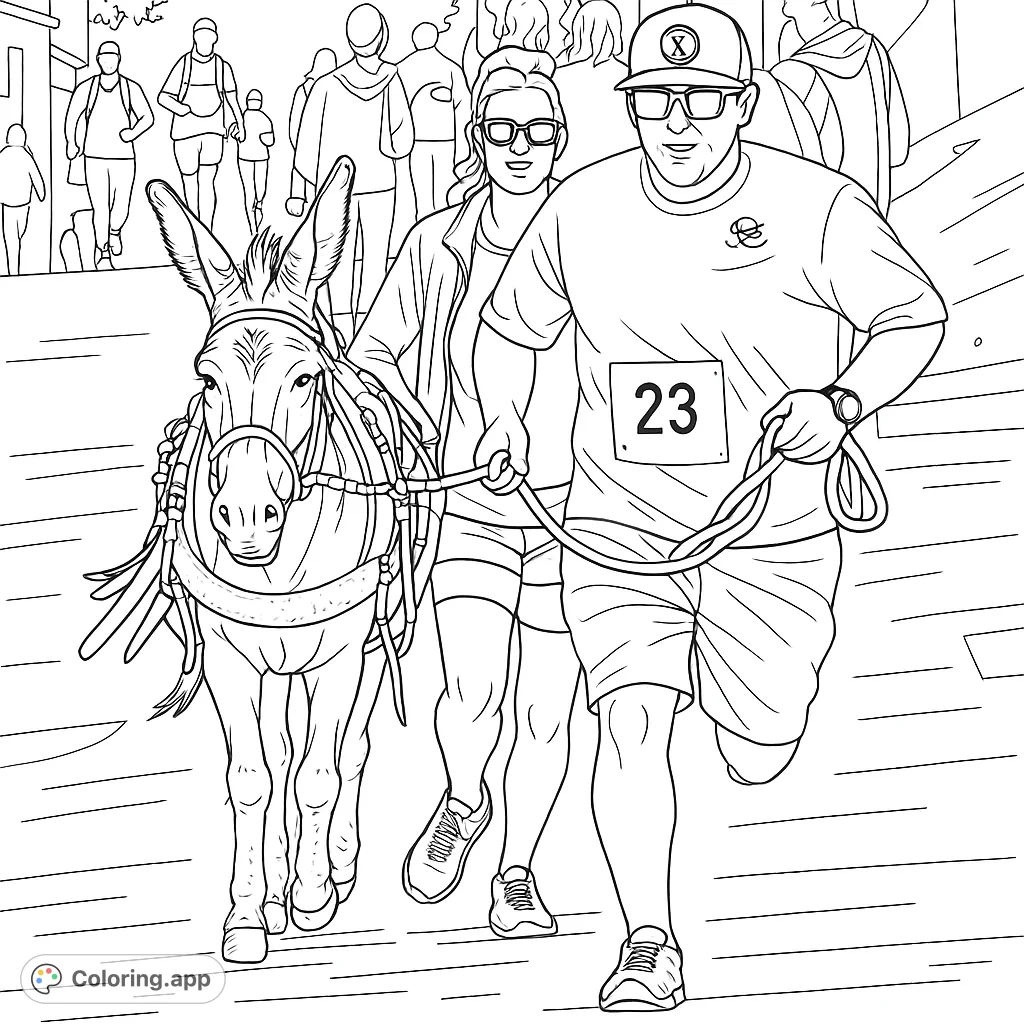 Join the unique burro race! A determined donkey leads its human teammates through an exciting outdoor event.