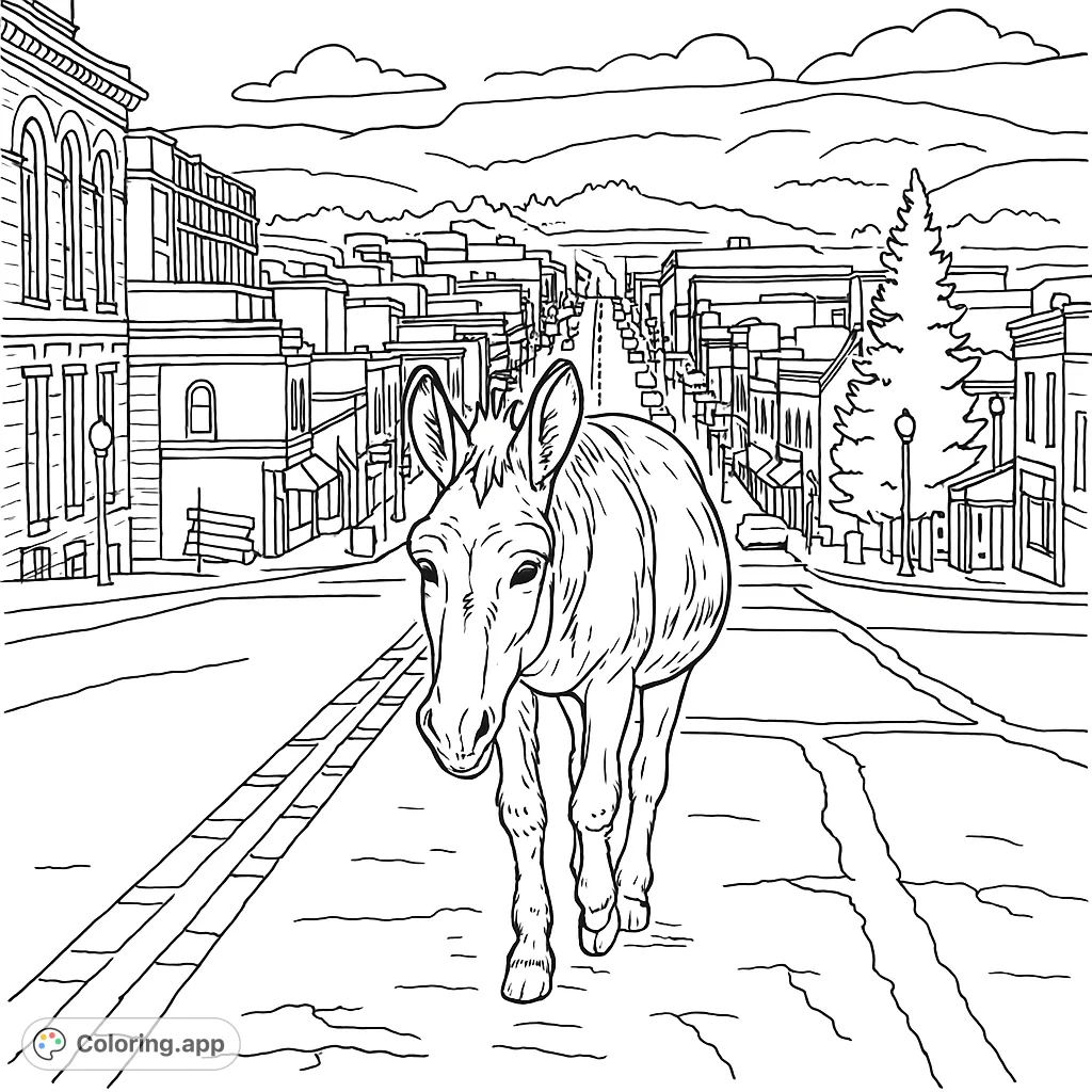 A charming donkey strolls down a bustling town street, framed by historic buildings and distant mountains. A delightful scene for all ages to color.