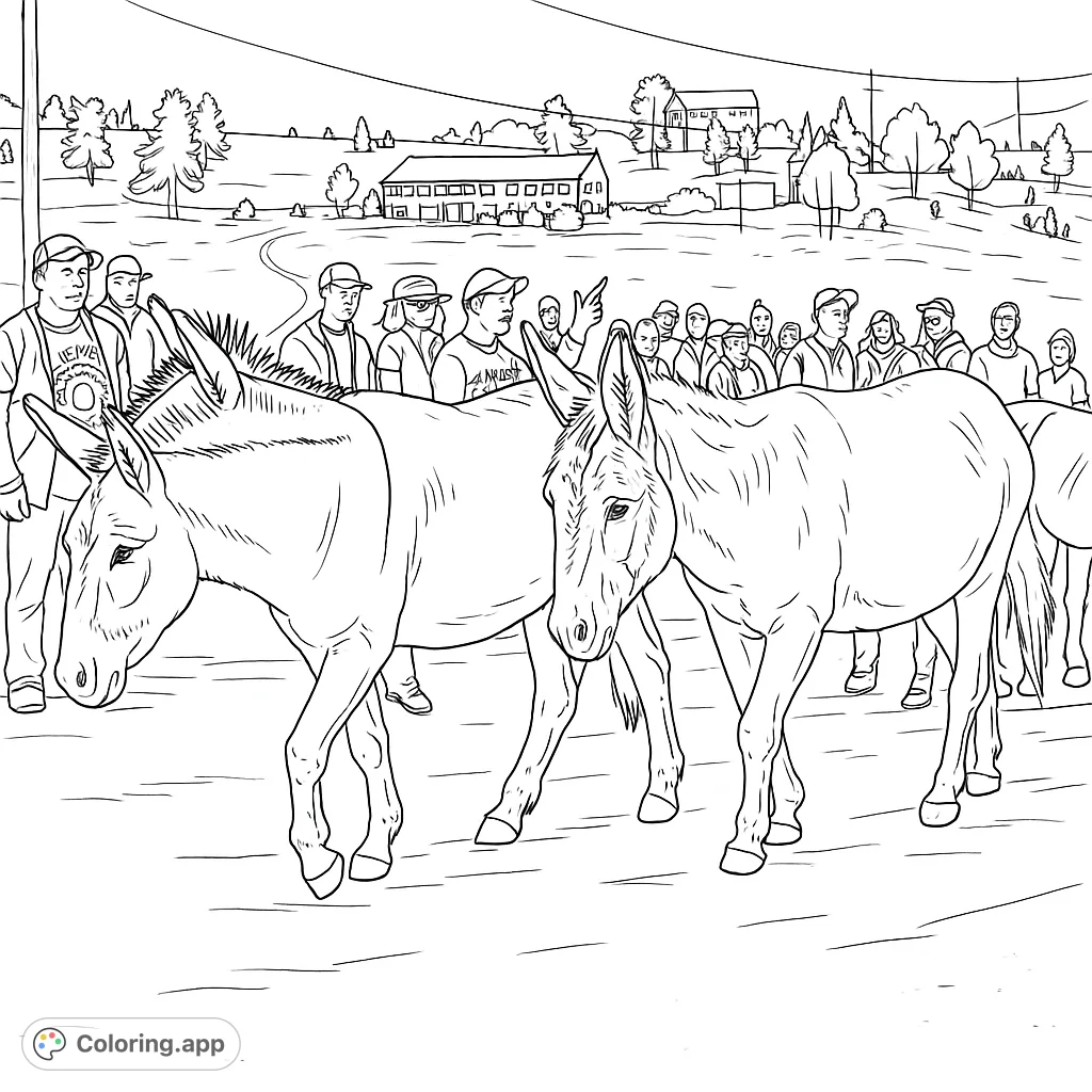 Join the charming donkey parade! This delightful coloring page features a line of donkeys walking through a scenic landscape with onlookers.