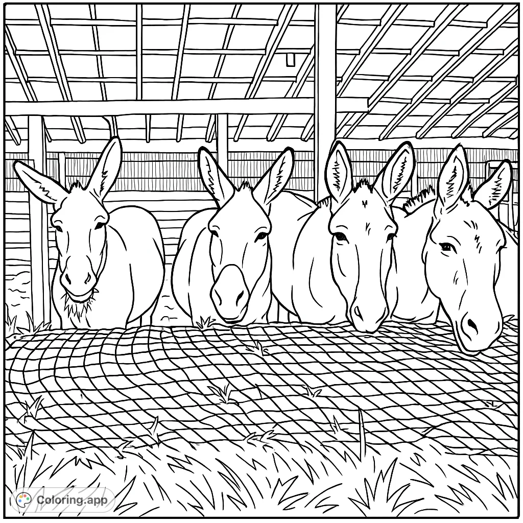 Color this charming scene featuring four friendly donkeys peeking over a hay feeder in a rustic barn. A delightful farm animal coloring page for all ages.