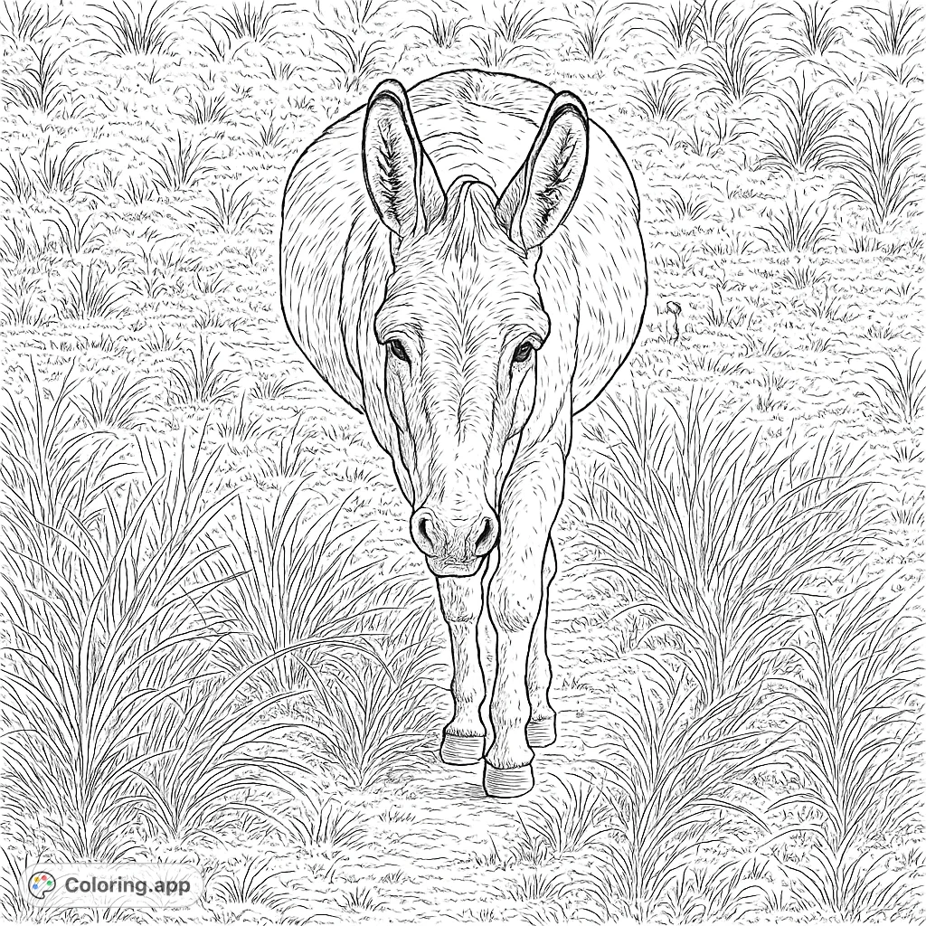 A charming donkey walks through a grassy field, inviting you to bring its gentle spirit to life with your creative colors. Perfect for animal lovers.