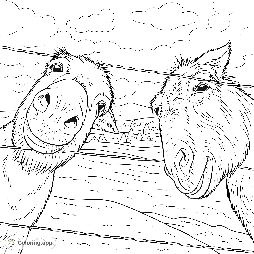 Two friendly donkeys peer curiously through a fence in a rustic landscape. A charming scene perfect for animal lovers to color and enjoy.