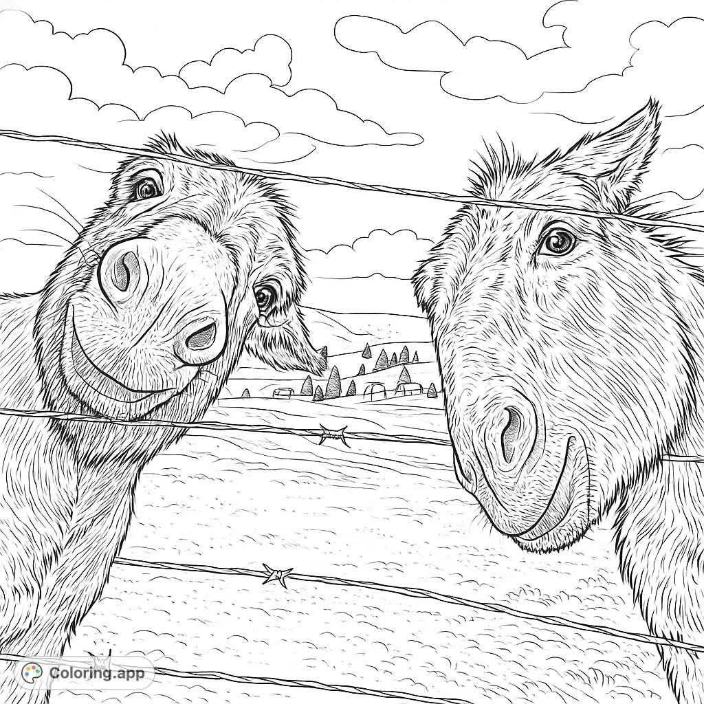 Two friendly donkeys peer curiously from behind a fence in a scenic field, inviting you to bring their charming expressions to life with your creative colors.