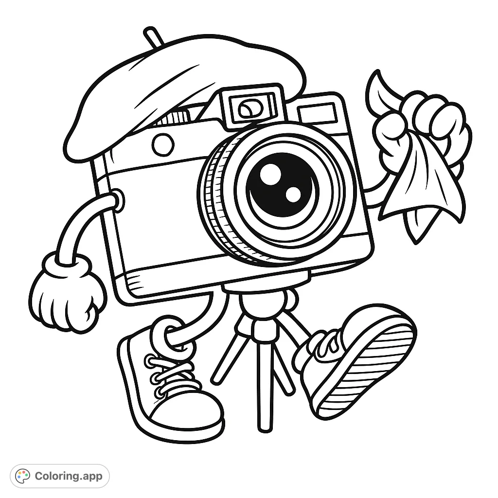 A charming cartoon camera character wearing a beret and holding a cloth, standing on tripod legs with shoes. Perfect for creative minds!