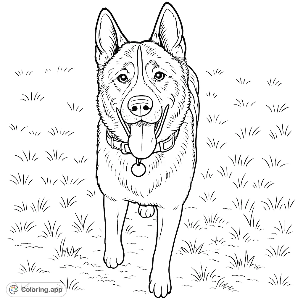 A delightful dog stands ready for coloring, featuring expressive eyes, a friendly pose, and a collar with a tag in a grassy outdoor setting.