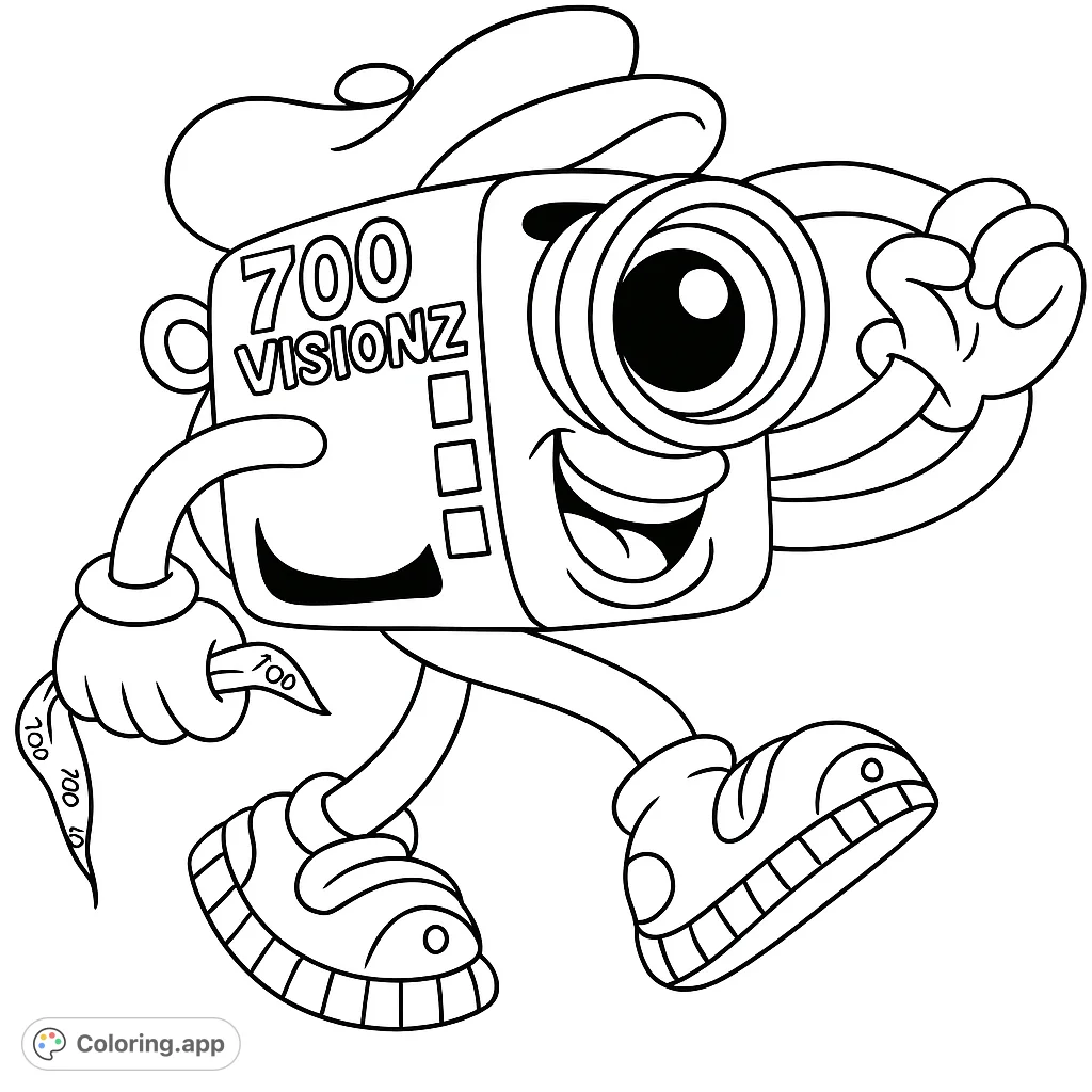 A fun, anthropomorphic camera character with a beret and big shoes, smiling and dancing. Perfect for creative expression and imaginative coloring.