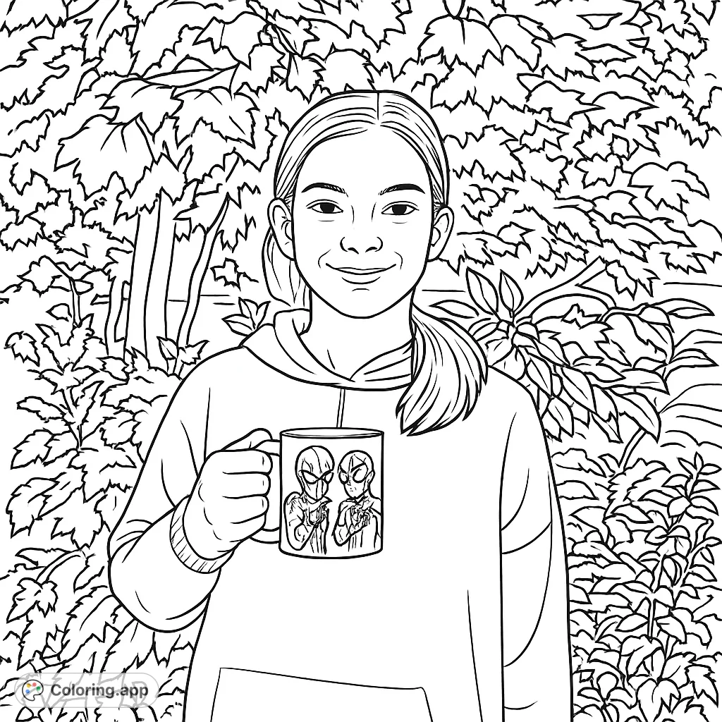 Color a cheerful portrait of a young person holding a unique mug amidst lush foliage. A delightful scene for creative expression and relaxation.