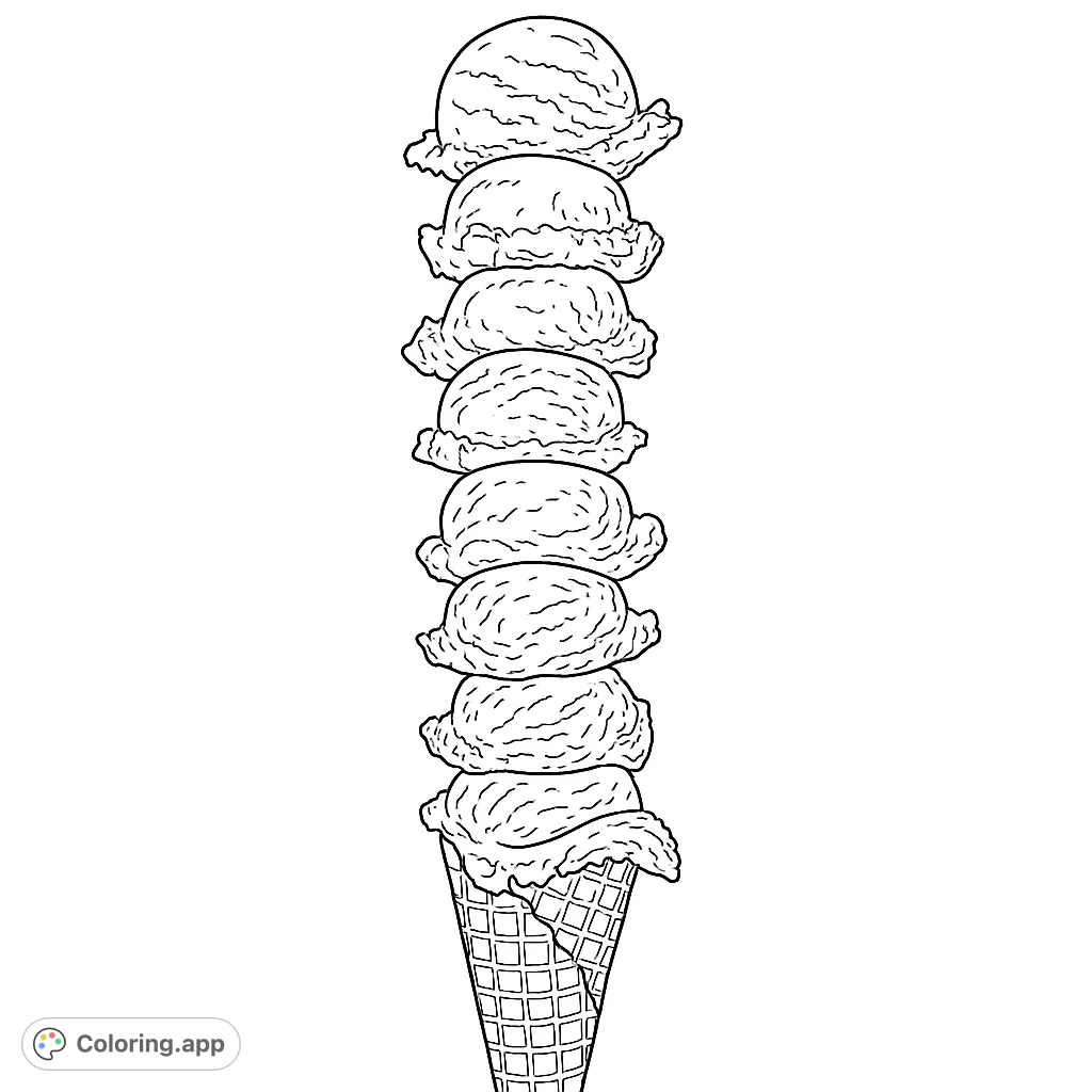A delightful towering ice cream cone with eight scoops, perfect for a sweet coloring adventure. Free printable ice cream coloring page.