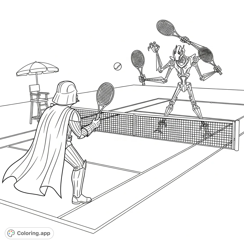 Witness an epic, unusual tennis match between Darth Vader and General Grievous! A unique Star Wars twist with iconic villains in an unexpected sporting duel.