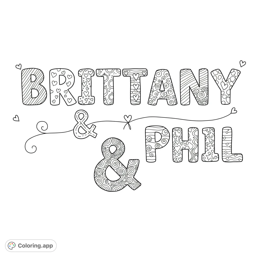 Personalize 'Brittany & Phil' with this cute doodle font coloring page. Fill each letter with unique patterns for a custom, heartfelt creation.