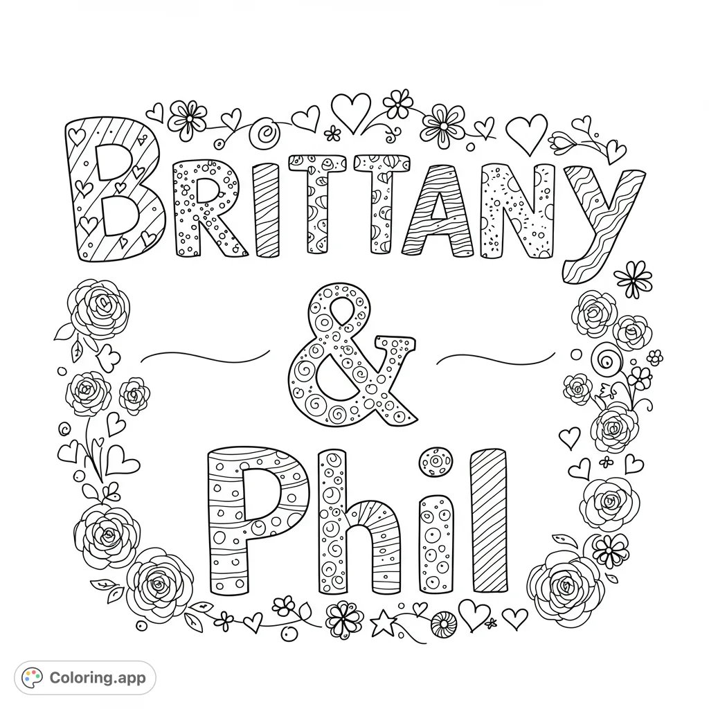 Personalize 'Brittany & Phil' with this cute doodle font coloring page. Fill each letter with unique patterns for a custom, heartfelt creation.