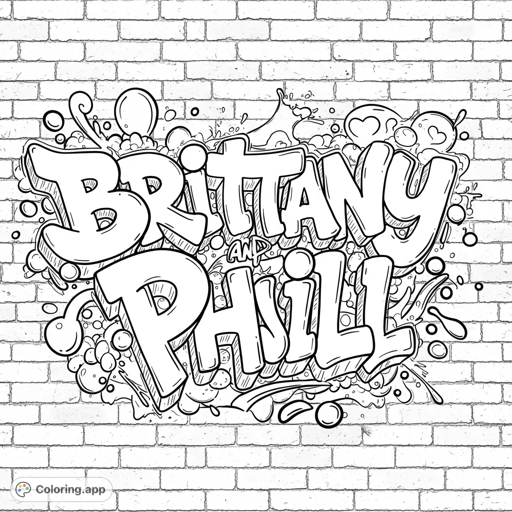 A dynamic graffiti-style coloring page featuring the names 'Brittany & Phil' with bold outlines and urban textures. Perfect for creative expression.