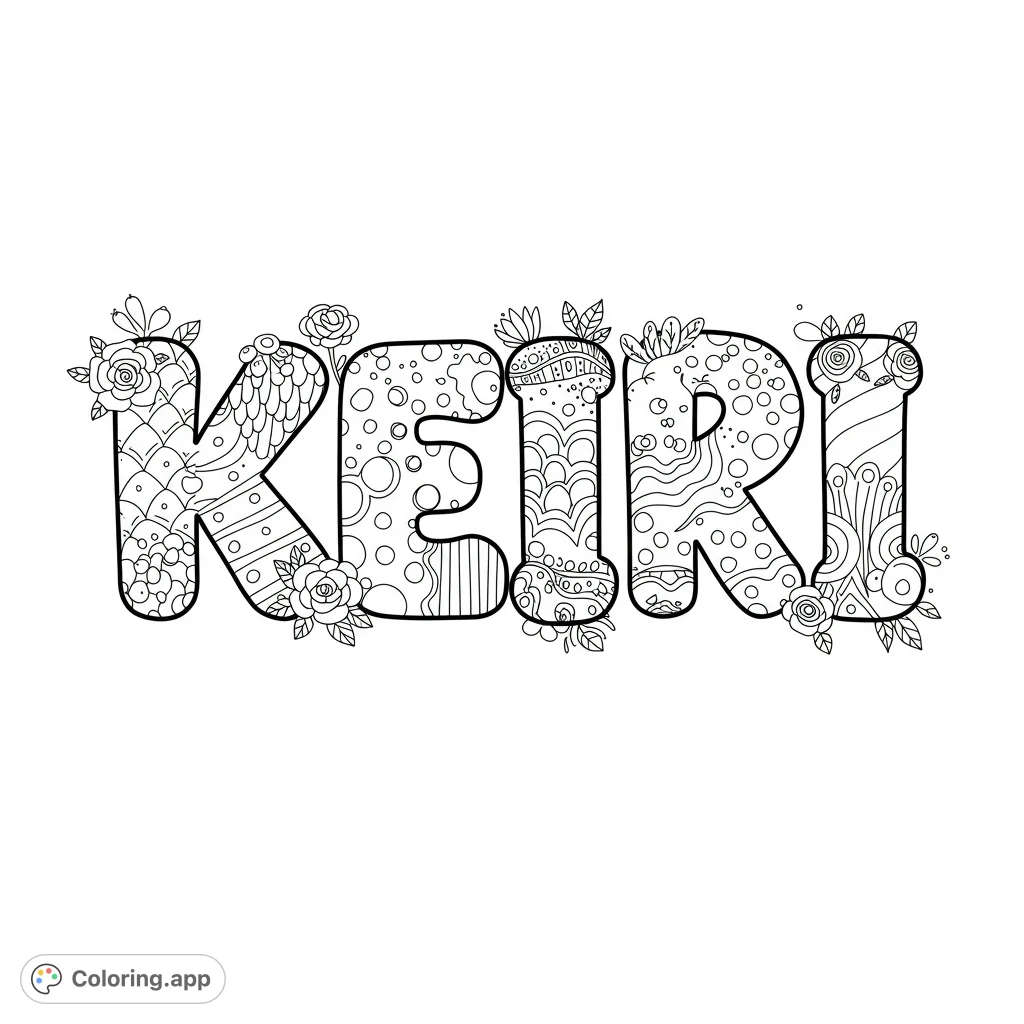 A fun, bubbly "KEIRI" coloring page with playful patterns inside each letter, perfect for creative expression and personalization.