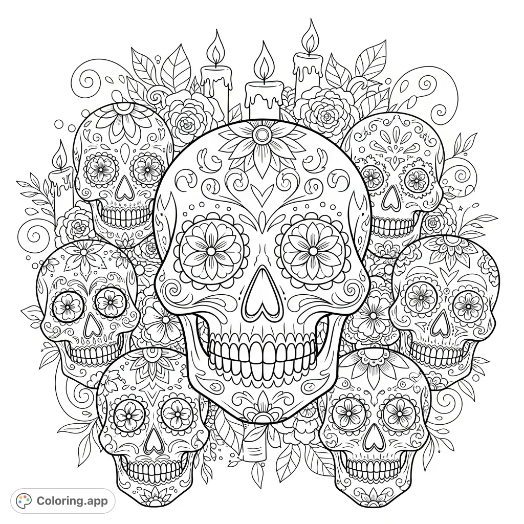 Discover a stunning sugar skulls coloring page with elaborate floral and geometric patterns. Perfect for a mindful, creative escape.