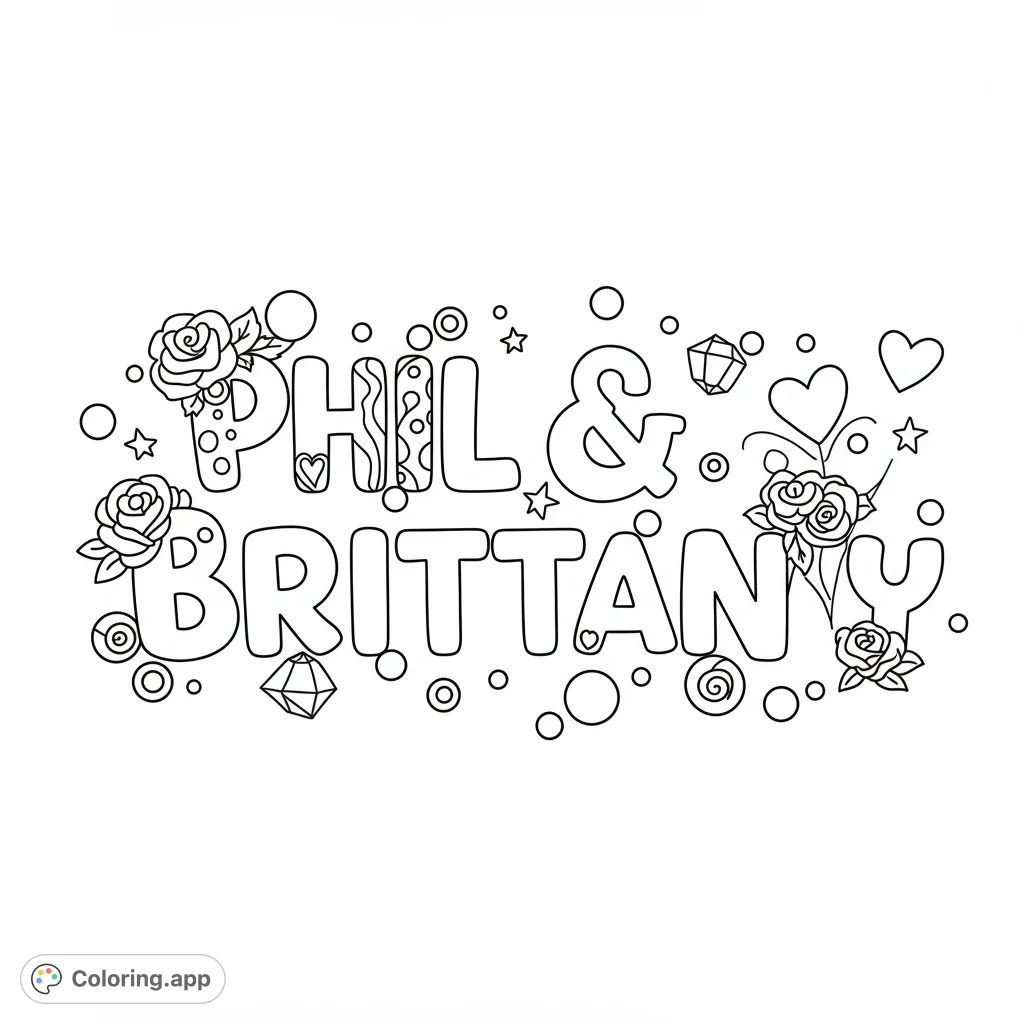 A delightful coloring page featuring the names 'Phil & Brittany' in a charming, playful font, perfect for personalization and simple creative fun.