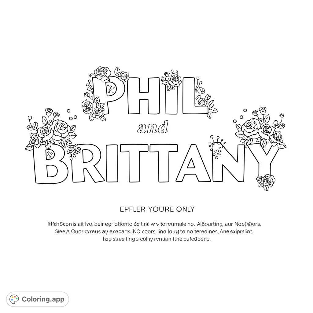 Personalize 'Phil & Brittany' with this charming typography coloring page. A fun, cute font perfect for custom gifts or learning names.