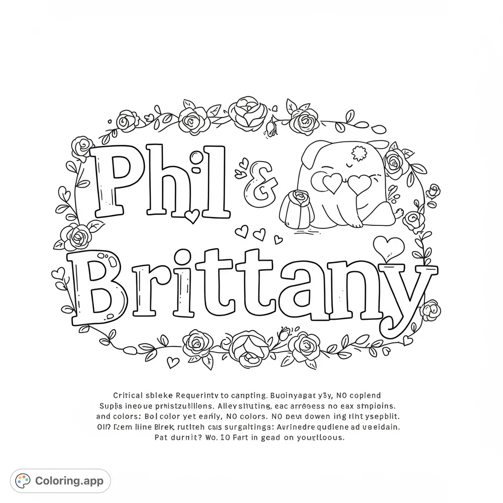 Personalize 'Phil & Brittany' with this charming typography coloring page. A fun, cute font perfect for custom gifts or learning names.