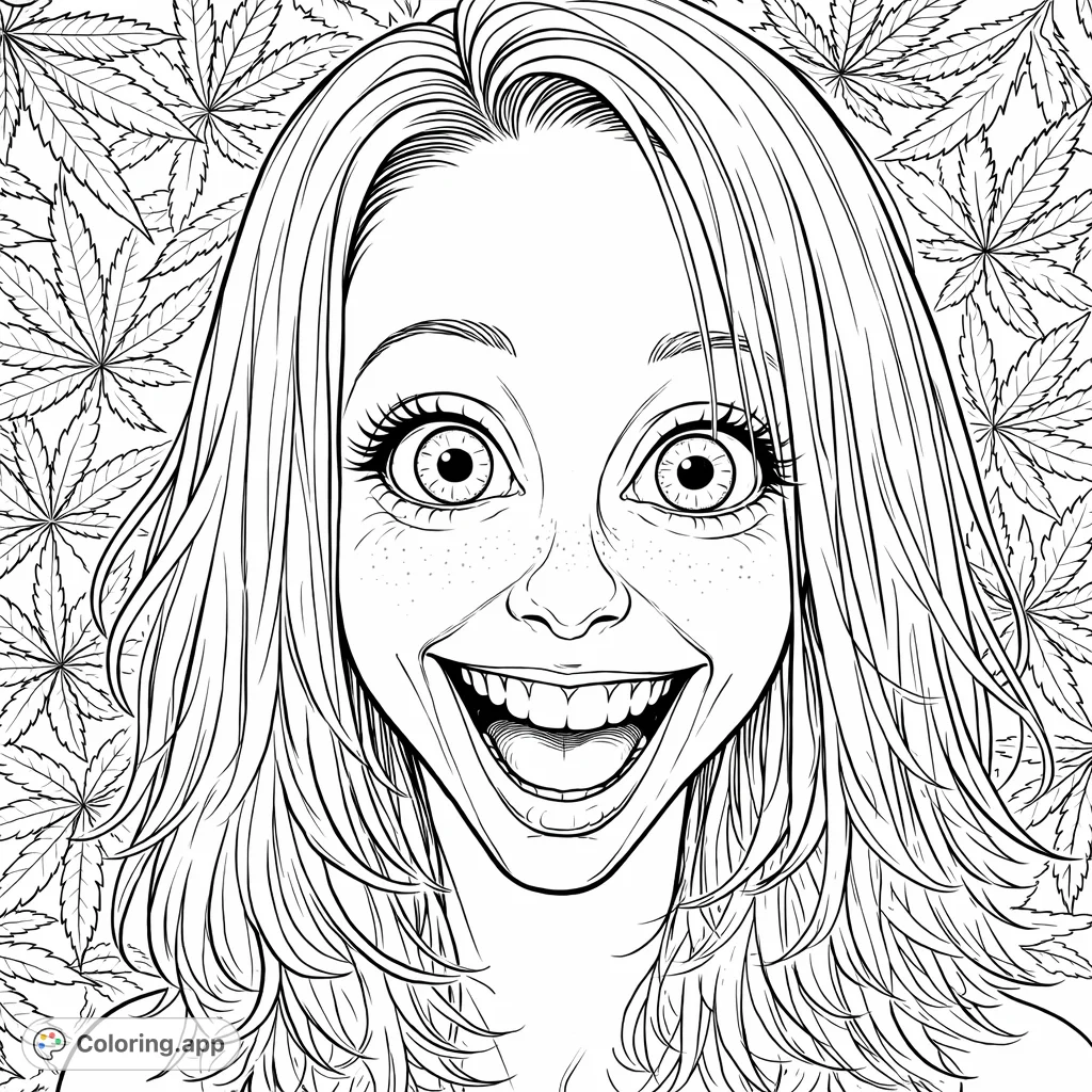 A broadly smiling woman with flowing hair, set against a background of cannabis leaves. This unique page offers a detailed portrait for adult colorists.