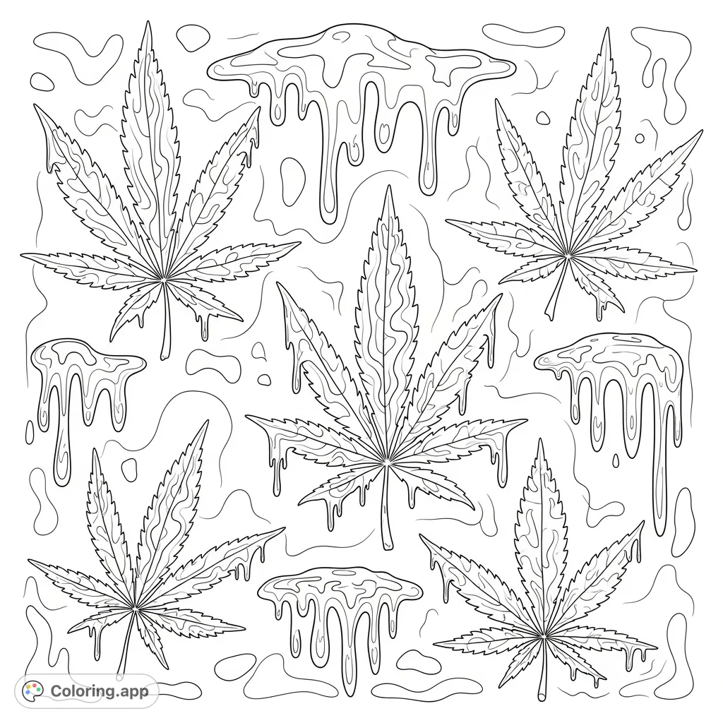 Explore a surreal world with this trippy melting marijuana leaves coloring page. Intricate patterns and flowing forms invite creative expression.