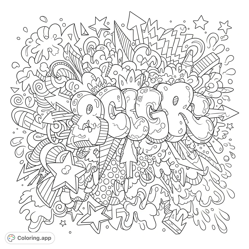 Unleash your creativity with this dynamic graffiti doodles coloring page. Featuring bold letters, energetic splatters, stars, and abstract shapes for urban art enthusiasts.
