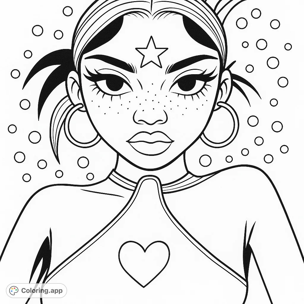 Color a vibrant pop art character with a star on her forehead, spiky hair, and a heart emblem. A fun, expressive portrait for creative minds.