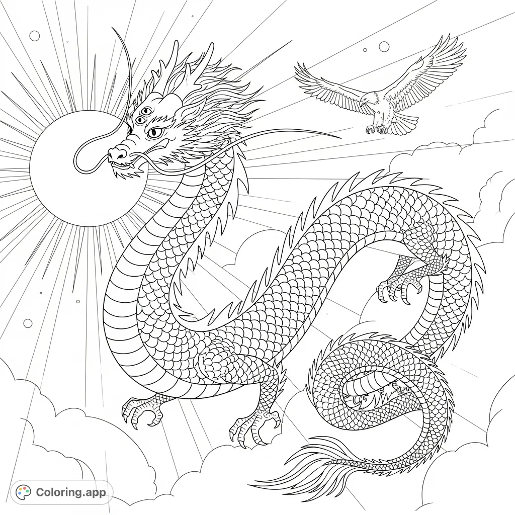 A majestic, long dragon with intricate scales and spikes floats in the heavens, accompanied by a soaring bald eagle and a radiant sun.