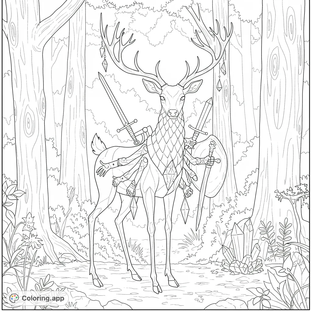 Discover a mystical deer with diamond legs, crystal eyes, and a sword, standing guard in an enchanted forest. A unique fantasy coloring page.