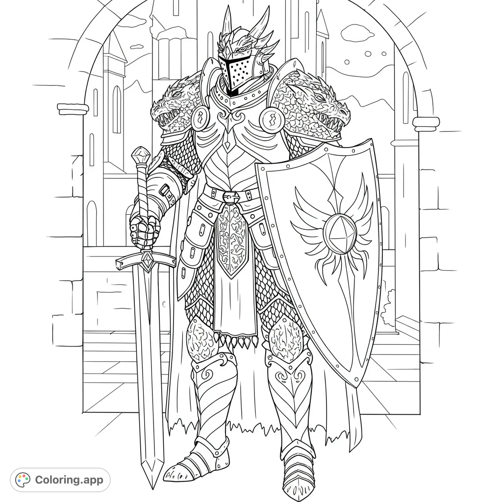 A powerful knight in dragon-hide and steel armor, wielding a crystal-adorned sword and shield, stands guard in a majestic castle at night.
