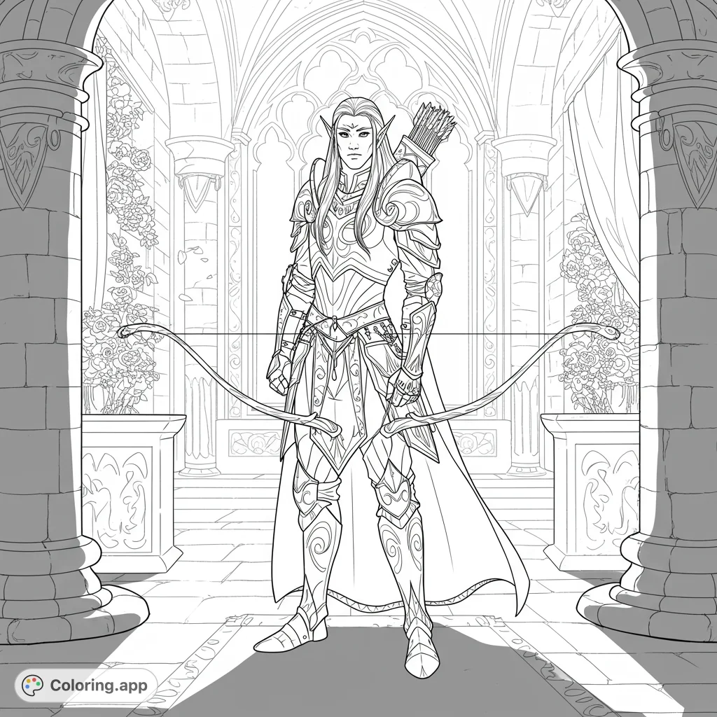 An elegant elf in detailed armor, holding a bow, stands within a grand, shadowed castle. A captivating fantasy scene for creative coloring.