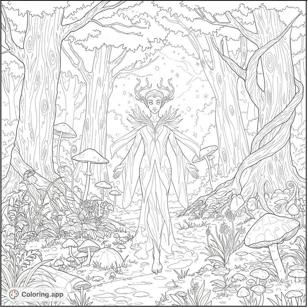 Discover a mystical phantom elf amidst an ancient, glowing enchanted forest. A magical scene perfect for imaginative coloring.